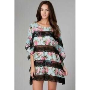 Betsey Johnson Swim Cover Up Dress Relaxed One Size Black Lace Pink Rose Floral